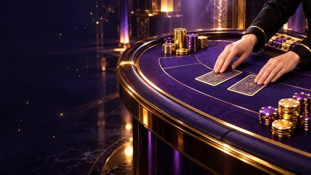 樂遊娛樂城真人百家樂示意圖：荷官在紫色牌桌發牌